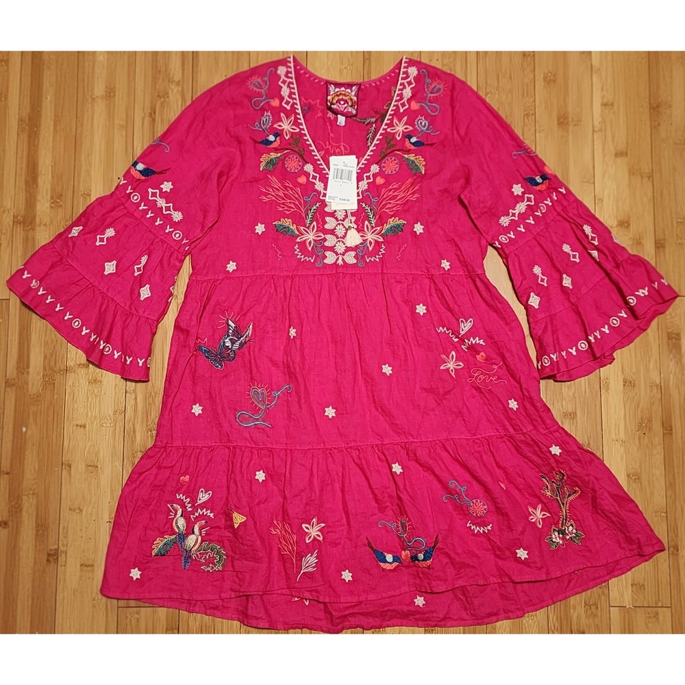 NWT Johnny Was Zoe Easy Tiered Dress Pink Embroidered Dress Boho Linen Women's L